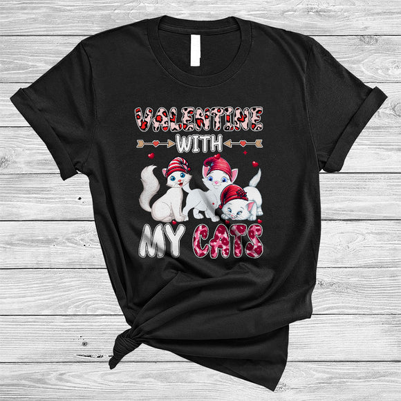 MacnyStore - Valentine With My Cats, Lovely Valentine's Day Three Kittens Animal, Leopard Pink Hearts T-Shirt