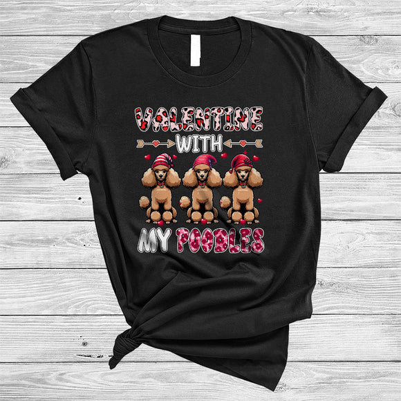 MacnyStore - Valentine With My Poodles, Lovely Valentine's Day Three Poodles, Leopard Pink Hearts T-Shirt