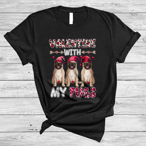 MacnyStore - Valentine With My Pugs, Lovely Valentine's Day Three Pugs, Leopard Pink Hearts T-Shirt