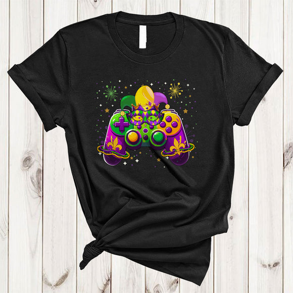 MacnyStore - Video Game Controllers Wearing Mardi Gras Mask Beads, Joyful Mardi Gras Gaming, Gamer Squad T-Shirt