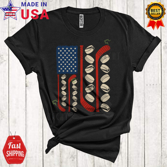 MacnyStore - Vintage American Flag Hockey Cool Proud 4th of July Patriotic Sport Hockey Player Lover T-Shirt