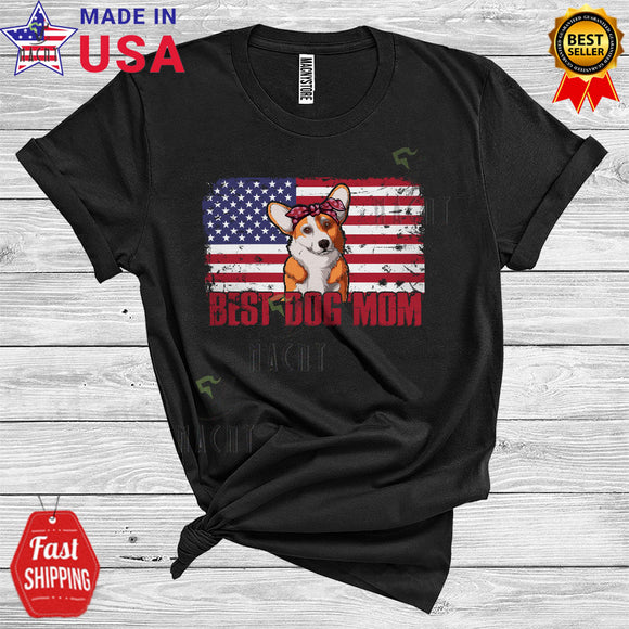 MacnyStore - Vintage Best Dog Mom Cool Happy Mother's Day Family American Flag Corgi Lover T-Shirt
