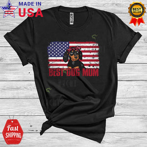 MacnyStore - Vintage Best Dog Mom Cool Happy Mother's Day Family American Flag Dachshund Lover T-Shirt
