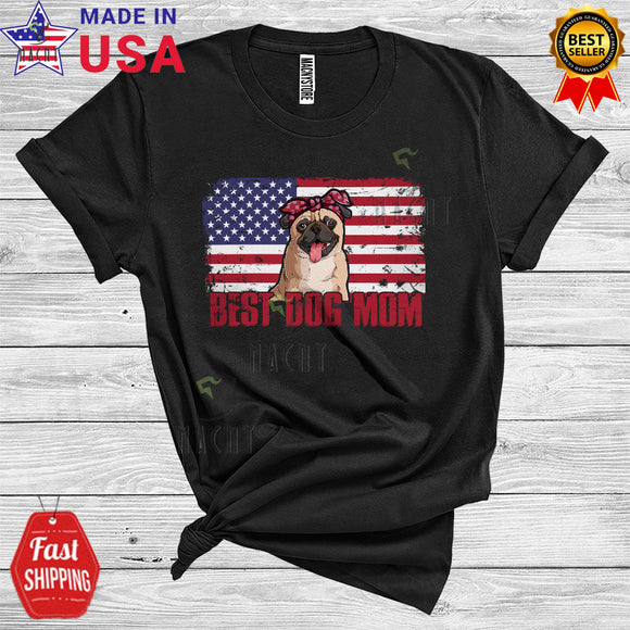 MacnyStore - Vintage Best Dog Mom Cool Happy Mother's Day Family American Flag Pug Lover T-Shirt