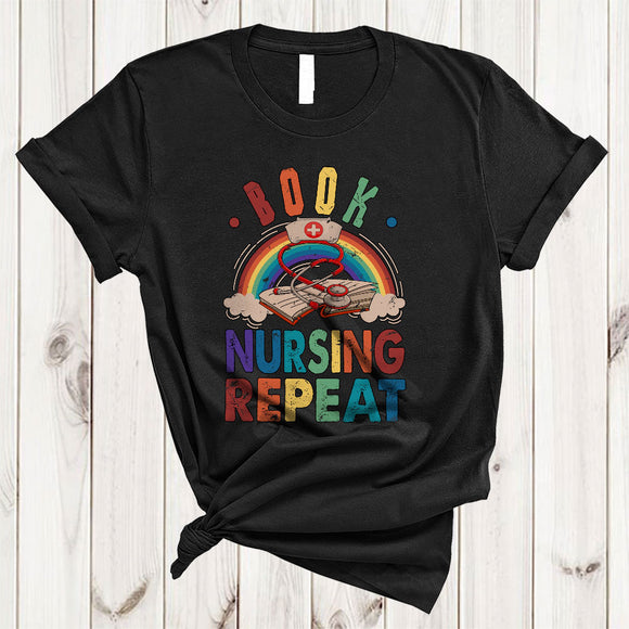 MacnyStore - Vintage Book Nursing Repeat, Humorous Nurse Book Lover Rainbow, Matching Nurse Group T-Shirt