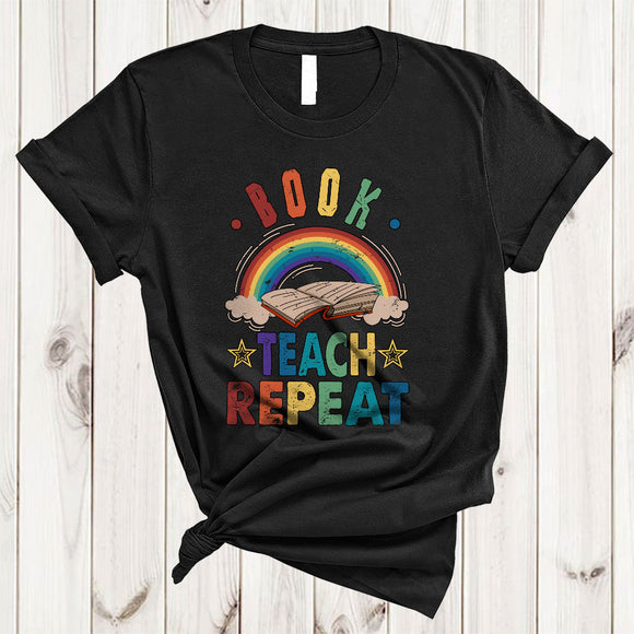 MacnyStore - Vintage Book Teach Repeat, Humorous Teacher Book Lover Rainbow, Matching Teacher Group T-Shirt