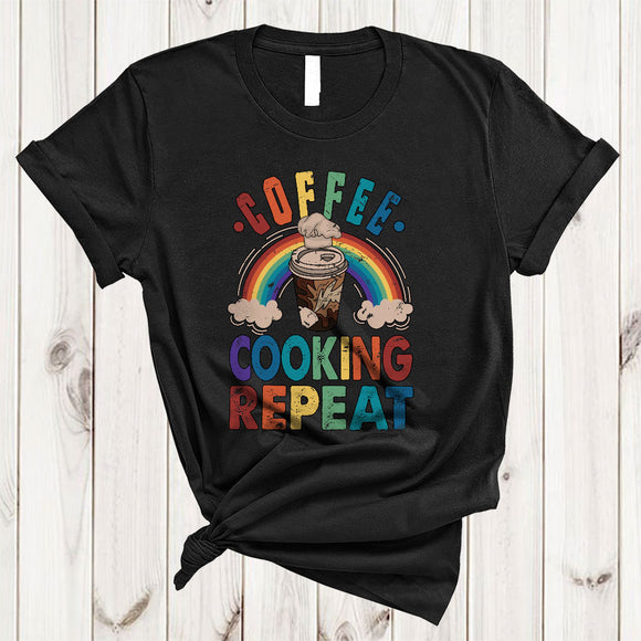 MacnyStore - Vintage Coffee Cooking Repeat, Humorous Coffee Cooking Lover Rainbow, Lunch Lady Chef Group T-Shirt