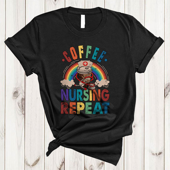 MacnyStore - Vintage Coffee Nursing Repeat, Humorous Coffee Nurse Lover Rainbow, Matching Nurse Group T-Shirt