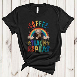 MacnyStore - Vintage Coffee Teach Repeat, Humorous Coffee Teacher Lover Rainbow Matching Teacher Group T-Shirt