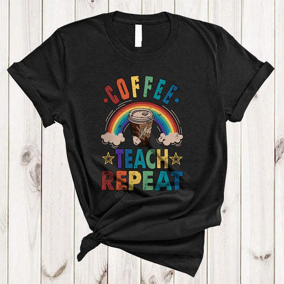 MacnyStore - Vintage Coffee Teach Repeat, Humorous Coffee Teacher Lover Rainbow Matching Teacher Group T-Shirt