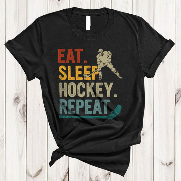 MacnyStore - Vintage Eat Sleep Hockey Repeat, Joyful Cool Hockey Player Proud, Vintage Matching Sport Team T-Shirt