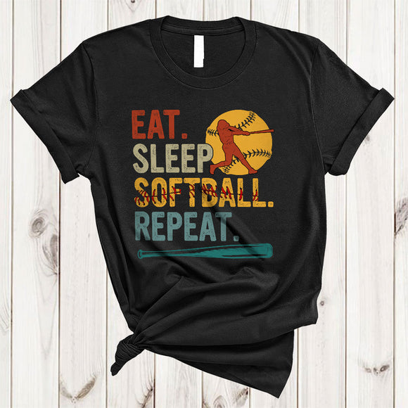 MacnyStore - Vintage Eat Sleep Softball Repeat, Joyful Cool Softball Player Proud, Vintage Matching Sport Team T-Shirt