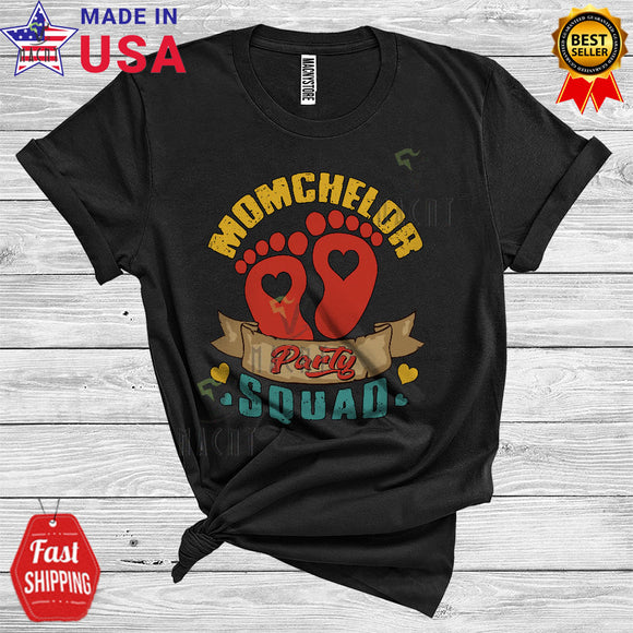 MacnyStore - Vintage Momchelor Party Squad Funny Cool Mother's Day Future Mother Baby Footprint Pregnancy T-Shirt