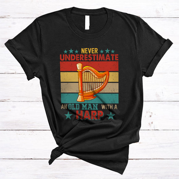 MacnyStore - Vintage Never Underestimate An Old Man With A Harp, Proud Father's Day Musician Family T-Shirt