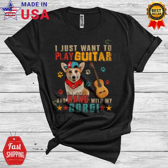 MacnyStore - Vintage Play Guitar And Hang With My Corgi Cute Happy Father's Day Dog Guitarist T-Shirt