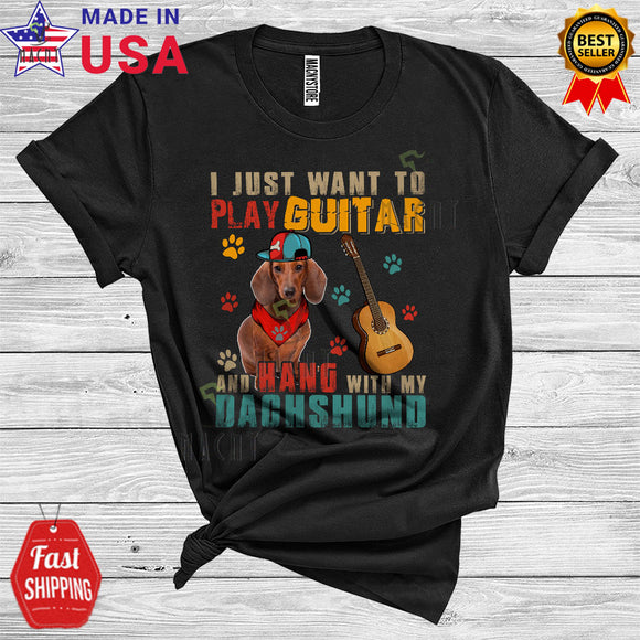 MacnyStore - Vintage Play Guitar And Hang With My Dachshund Cute Happy Father's Day Dog Guitarist T-Shirt