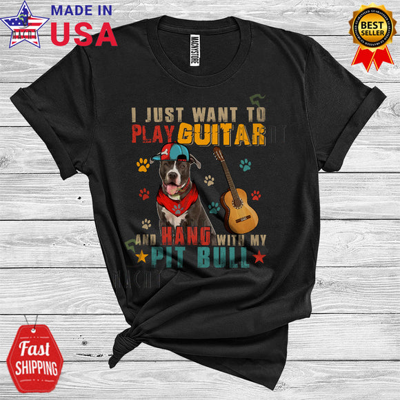 MacnyStore - Vintage Play Guitar And Hang With My Pit Bull Cute Happy Father's Day Dog Guitarist T-Shirt