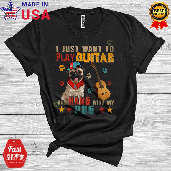 MacnyStore - Vintage Play Guitar And Hang With My Pug Cute Happy Father's Day Dog Guitarist T-Shirt