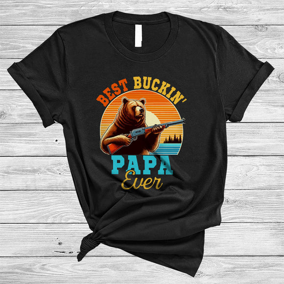 MacnyStore - Vintage Retro Best Buckin' Papa Ever, Awesome Father's Day Bear Hunting, Bucking Family Group T-Shirt