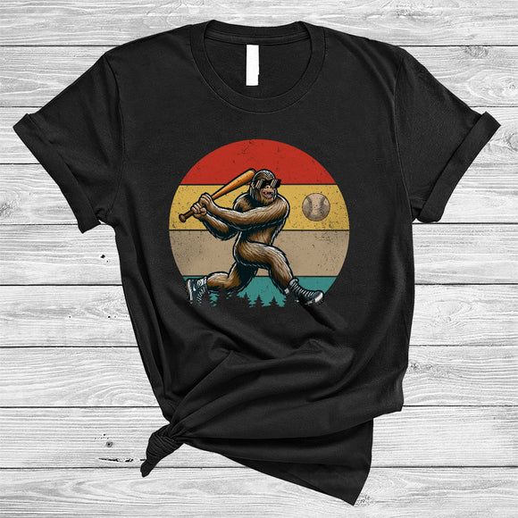 MacnyStore - Vintage Retro Bigfoot Playing Baseball, Humorous Bigfoot Baseball Player Lover, Matching Group T-Shirt