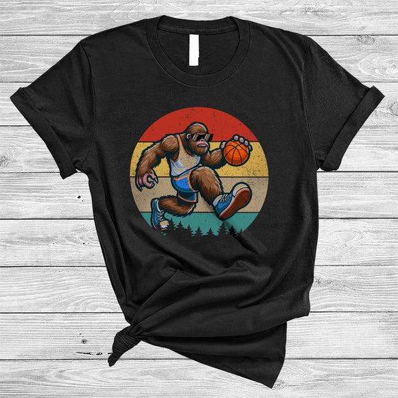 MacnyStore - Vintage Retro Bigfoot Playing Basketball, Humorous Bigfoot Basketball Player, Matching Group T-Shirt