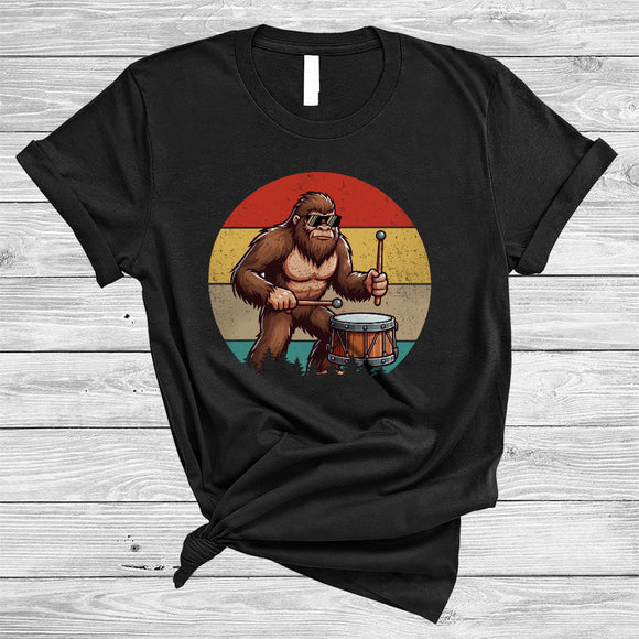 MacnyStore - Vintage Retro Bigfoot Playing Drum, Humorous Bigfoot Drum Player Lover, Matching Group T-Shirt