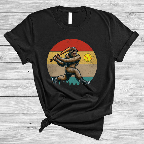 MacnyStore - Vintage Retro Bigfoot Playing Softball, Humorous Bigfoot Softball Player Lover, Matching Group T-Shirt