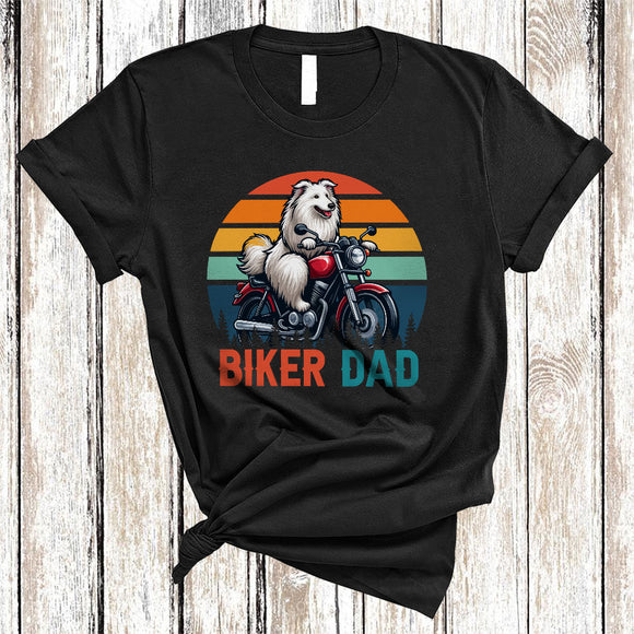 MacnyStore - Vintage Retro Biker Dad, Amazing Father's Day Bearded Collie Dog Riding Motorbike, Biker Family T-Shirt