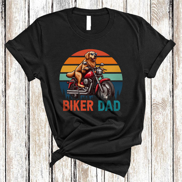MacnyStore - Vintage Retro Biker Dad, Amazing Father's Day Golden Retriever Dog Riding Motorbike, Family T-Shirt