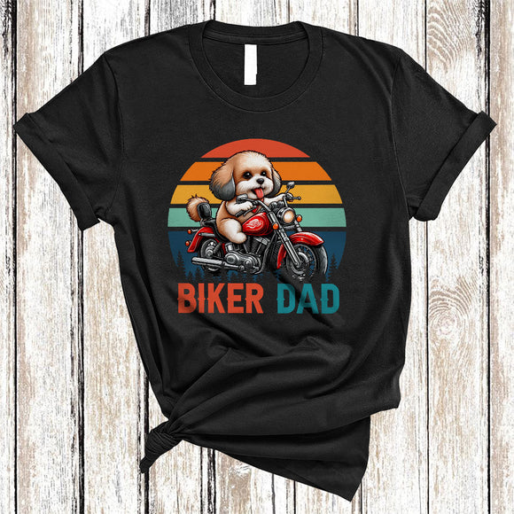 MacnyStore - Vintage Retro Biker Dad, Amazing Father's Day Maltipoo Dog Riding Motorbike, Biker Family T-Shirt