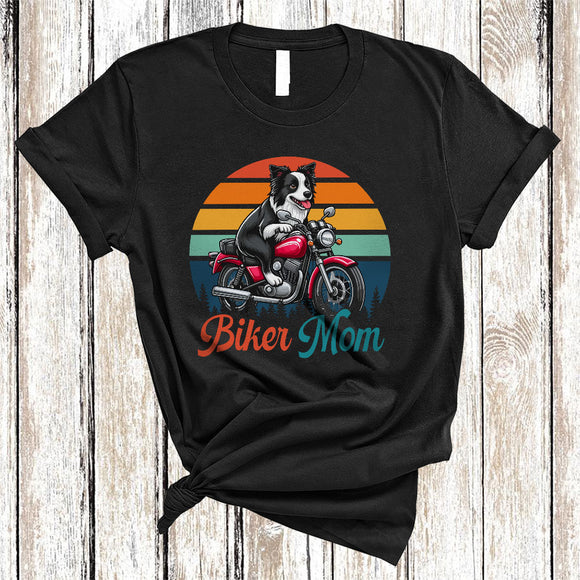 MacnyStore - Vintage Retro Biker Mom, Amazing Mother's Day Border Collie Dog Riding Motorbike, Family T-Shirt