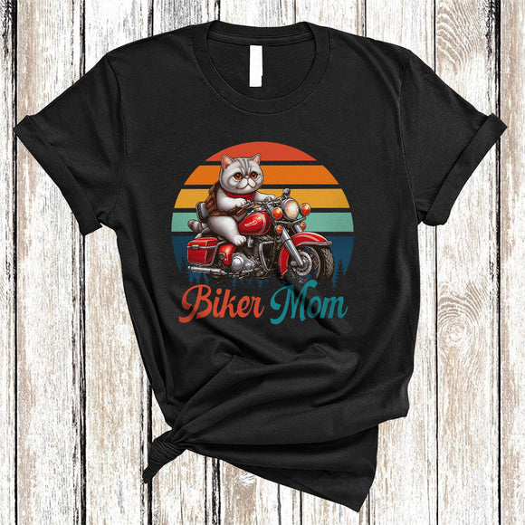 MacnyStore - Vintage Retro Biker Mom, Amazing Mother's Day Exotic Shorthair Cat Riding Motorbike, Family T-Shirt