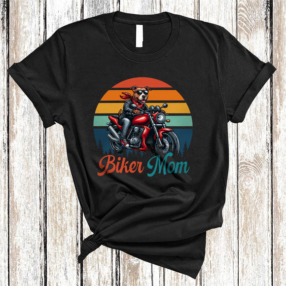 MacnyStore - Vintage Retro Biker Mom, Amazing Mother's Day Pit Bull Dog Riding Motorbike, Family T-Shirt