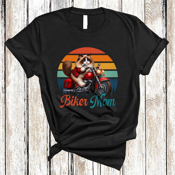 MacnyStore - Vintage Retro Biker Mom, Amazing Mother's Day Ragdoll Cat Riding Motorbike, Family T-Shirt