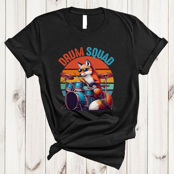 MacnyStore - Vintage Retro Drum Squad, Humorous Fox Playing Drum Player Team, Matching Group T-Shirt