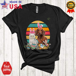 MacnyStore - Vintage Retro Egg Shape Bunny Dachshund And Cat Cute Cute Easter Animal T-Shirt