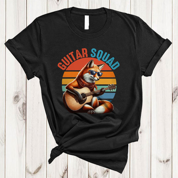 MacnyStore - Vintage Retro Guitar Squad, Humorous Fox Playing Guitar Player Team, Matching Group T-Shirt
