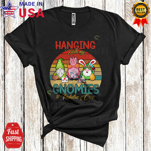 MacnyStore - Vintage Retro Hanging With My Gnomies Cute Funny Easter Day Three Bunnies Egg Hunt Pediatric Crew T-Shirt