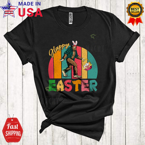 MacnyStore - Vintage Retro Happy Easter Cool Funny Easter Day Bunny Bigfoot Hunting Easter Egg Basket Lover T-Shirt