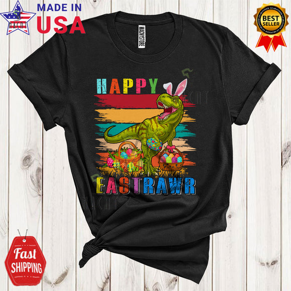 MacnyStore - Vintage Retro Happy Eastrawr Cool Happy Easter Day Bunny T-Rex Dinosaur Hunting Easter Egg Basket T-Shirt