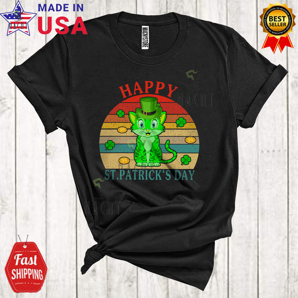 MacnyStore - Vintage Retro Happy St. Patrick's Day Funny Cute St. Patrick's Day Shamrock Leprechaun Cat Lover T-Shirt