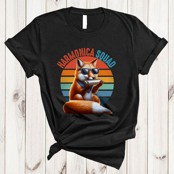 MacnyStore - Vintage Retro Harmonica Squad, Humorous Fox Playing Harmonica Player Team, Matching Group T-Shirt