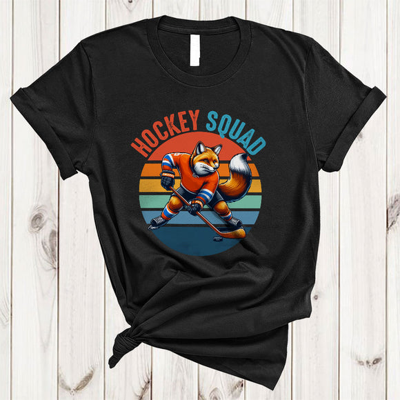 MacnyStore - Vintage Retro Hockey Squad, Humorous Fox Playing Hockey Player Team, Matching Group T-Shirt