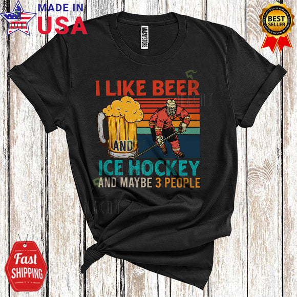 MacnyStore - Vintage Retro I Like Beer And Ice Hockey Funny Cool Father's Day Mother's Day Drinking T-Shirt