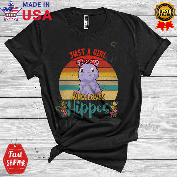 MacnyStore - Vintage Retro Just A Girl Who Loves Hippos Cool Matching Wild Animal Zoo Keeper Lover T-Shirt