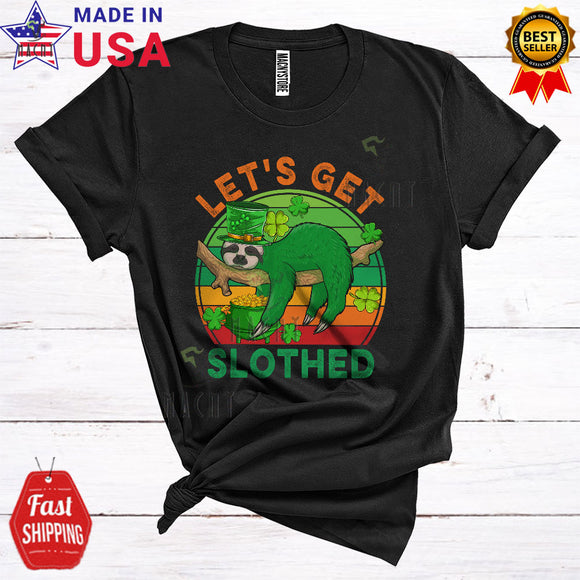 MacnyStore - Vintage Retro Let's Get Slothed Cute Funny St. Patrick's Day Sleeping Leprechaun Sloth Shamrocks T-Shirt