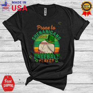 MacnyStore - Vintage Retro Prone To Shenanigans And Baseball Player Funny Cool St. Patrick's Day Shamrocks T-Shirt