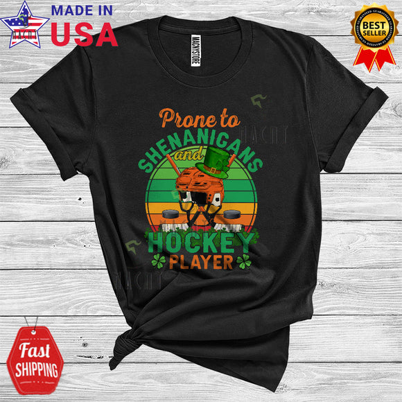 MacnyStore - Vintage Retro Prone To Shenanigans And Hockey Player Funny Cool St. Patrick's Day Shamrocks Leprechaun T-Shirt