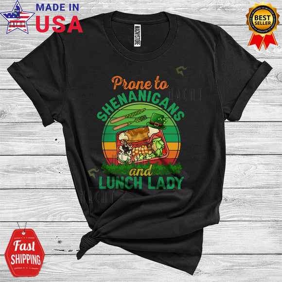 MacnyStore - Vintage Retro Prone To Shenanigans And Lunch Lady Funny Cool St. Patrick's Day Shamrocks Leprechaun T-Shirt