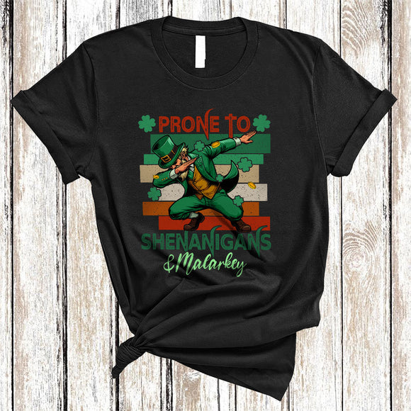 MacnyStore - Vintage Retro Prone To Shenanigans And Malarkey, Cool St. Patrick's Day Irish Men Dabbing, Shamrock T-Shirt
